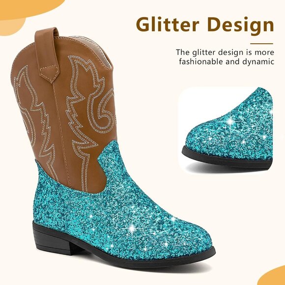 xinlanlin Kids Sequins Blue Embroidered Square Toe Mid Calf Glitter Western Boot - Picture 3 of 6